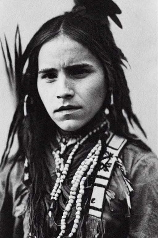 Image similar to “Photo of Native American indian woman Emma Watson, portrait, skilled warrior of the Chiricahua Apache, Lozen was the sister of Victorio a prominent Chief, showing pain and sadness on her face, ancient, realistic, detailed, emma watson”