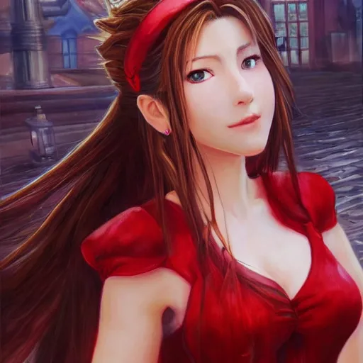 Image similar to oil painted portrait of aerith gainsborough from from final fantasy 7 in her signature red dress with the steam punk city midgard as backdrop, by master artist yoshitaka amano trending on artstation