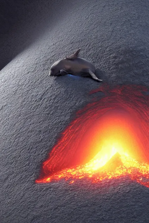 Prompt: a octane render of volcano and a tiny whale inside a boel, close - up studio photo, lighting path traced, highly detailed, high quality, hyper - realistic, max accurate,