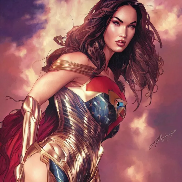 Image similar to megan fox as super girl by artgerm, greg rutkowski, alphonse mucha