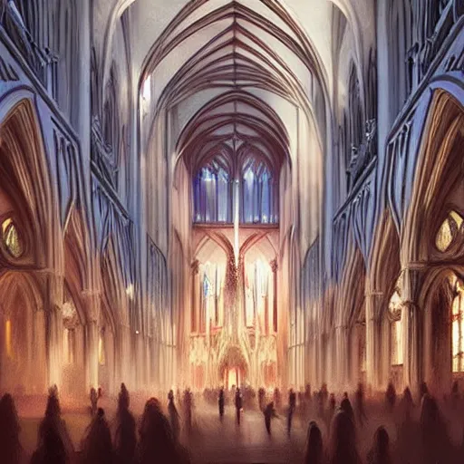 Prompt: A magnificent huge cathedral in a city, realistic, highly detailed, volumetric lighting, digital painting, award winning, trendsetting, illustration, concept art, by Mandy Jurgens and Ricardo Ow