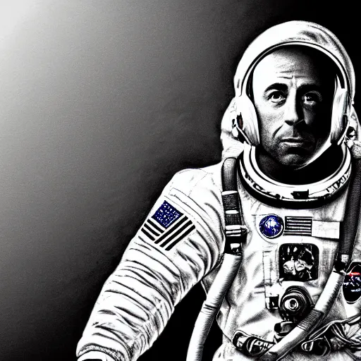 Image similar to a very detailed pencil drawing of joe rogan in an astronaut suit in space 4 k, high resolution, still, landscape, hd, dslr, hyper realistic, sketch