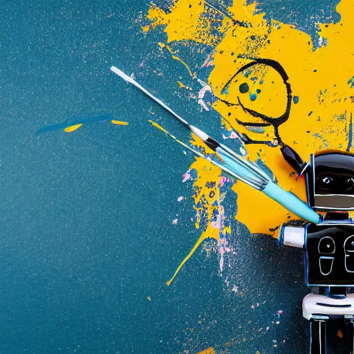 Prompt: a photograph of a robot holding a paintbrush, paint splatters everywhere, it looks in the camera, 50mm