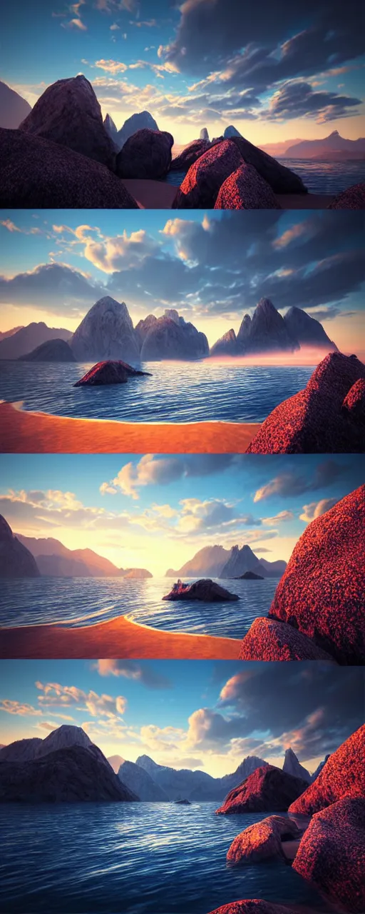 Image similar to super detailed color lowpoly art, northern sunset with rocks on front, monochrome photorealistic bay in the middle of perspective and mountains at background, big graphic ship in the middle of composition, unreal engine, high contrast color palette, 3 d render, lowpoly, colorful, digital art, perspective, robb cobb