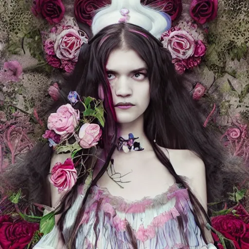 Prompt: Alice in Wonderland at the tea party, she looks like a mix of grimes, Aurora Aksnes and Zendaya, childlike, billowing elaborate hair and dress, strings of pearls, surrounded by red and white roses, digital illustration, inspired by Aeon Flux, Japanese shoujo manga, and Alexander McQueen fashion, hyper detailed, dreamlike, incredibly ethereal, super photorealistic, iridescent, dichroic prism, speckled, marbling effect, tulle and lace, extremely fine inking lines