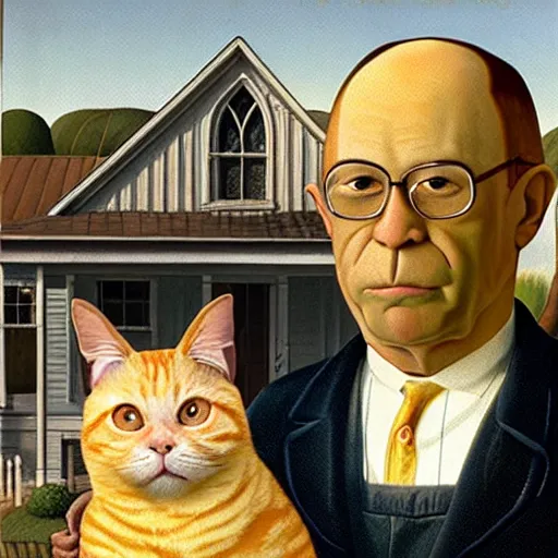 Prompt: fat orange tabby cat next to jon from garfield, american gothic by grant wood