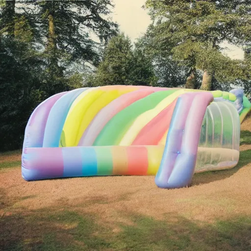 Image similar to a pastel colour high fidelity wide angle Polaroid art photo from a holiday album at a British farm with abstract inflatable parachute furniture, all objects made of transparent iridescent Perspex and metallic silver, no people, iridescence, nostalgic