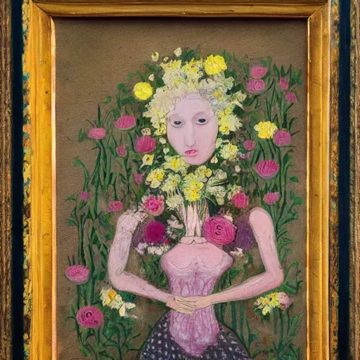 Image similar to portrait of a woman made of flowers and smoke