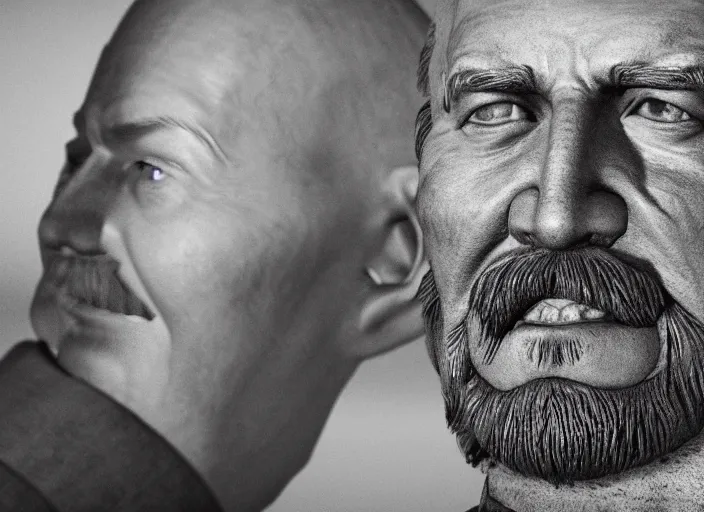 Image similar to hyper detailed portrait of smiling lenin big guy by don mccullin, unreal engine 5, lumen, nanite, dslr