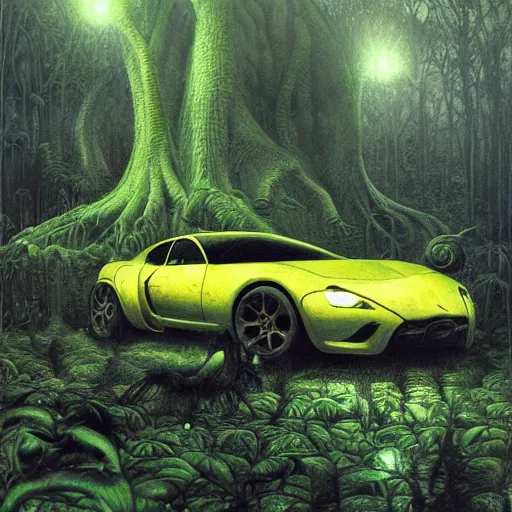 Image similar to a hyperrealistic painting of an exotic sports car in the middle of an alien jungle, bioluminescent plants, by john kenn mortensen and zdzislaw beksinski, highly detailed, vivid color,