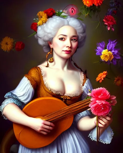 Prompt: baroque portrait of a anthropomorphic cat playing a lute, garden with flowers, bright, digital art, dnd character, award winning, by artgerm