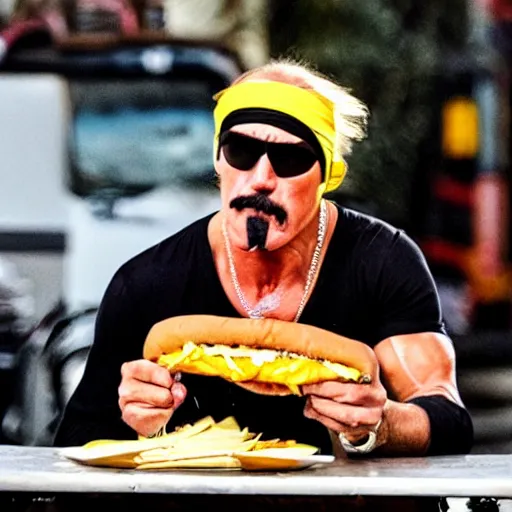 Prompt: hulk hogan eating a cheese steak, dystopian, happy