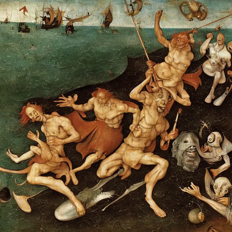 Prompt: The portrait of three merman running away with gold from Cthulhu who laughs and follow them, by Hieronymus Bosch and Pieter Bruegel inspired by Terry Pratchett, super detailed oil painting, hyper realistic faces, 4k, masterpiece