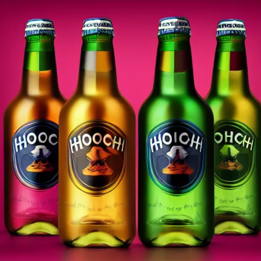 Prompt: hooch alcohol, cider, packaging design, playful, bold colours, glass bottle, label design, behance, packaging of the world, fox icon