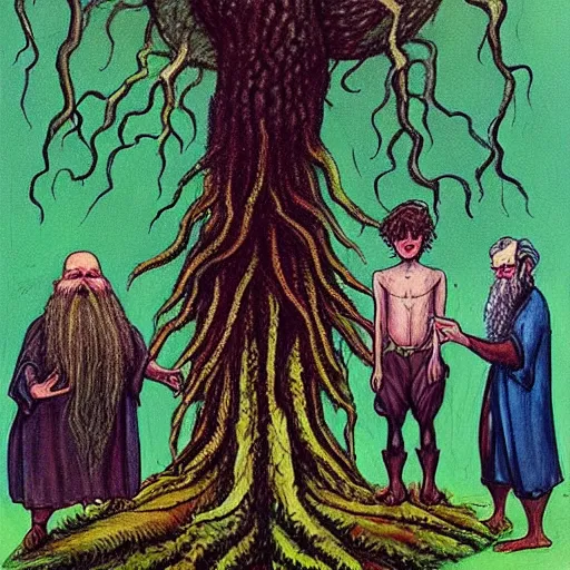 Prompt: a beautiful painting of a tall tree with arms, legs, and a beard holding two hobbits in his hand, illustrated by J.R.R Tolkien