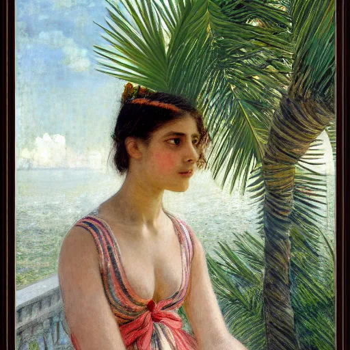 Image similar to a ultradetailed beautiful painting of a girl in the amazonas palace balustrade designed by jules bastien - lepage, tarsila do amaral, frank weston and gustave baumann, beach, trending on artstation, mediterranean, palm trees, detailed face, sharp focus, soft light, 8 k 4 k