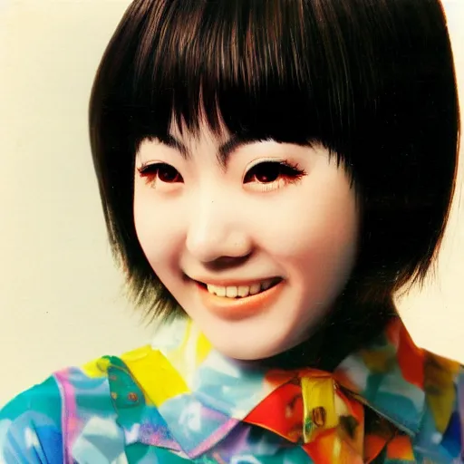 Prompt: 1 9 7 0 s record - album art of a young cute female japanese pop - idol who has yaeba slightly crooked teeth. high - quality high - resolution scanned image.