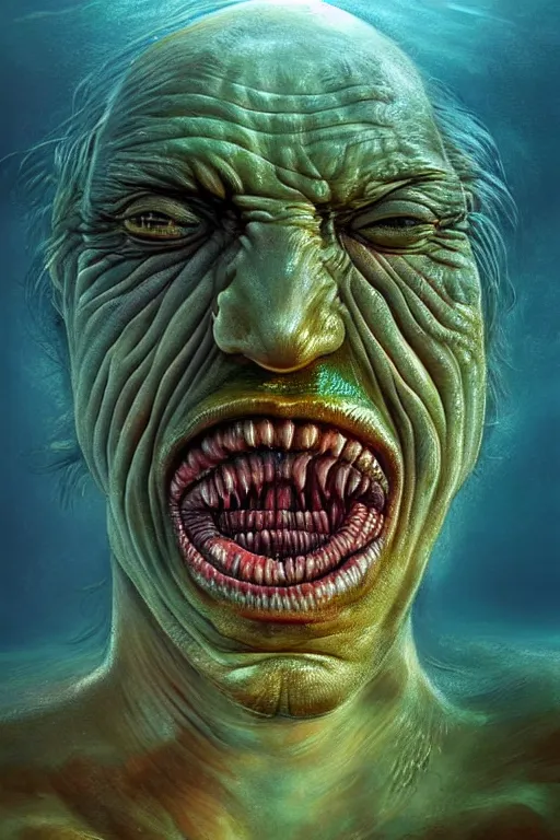 Image similar to hyperrealistic close-up surrealism underwater monster! highly detailed concept art eric zener elson peter cinematic hard green lighting high angle hd 8k sharp shallow depth of field, inspired by David Paul Cronenberg and Zdzisław Beksiński