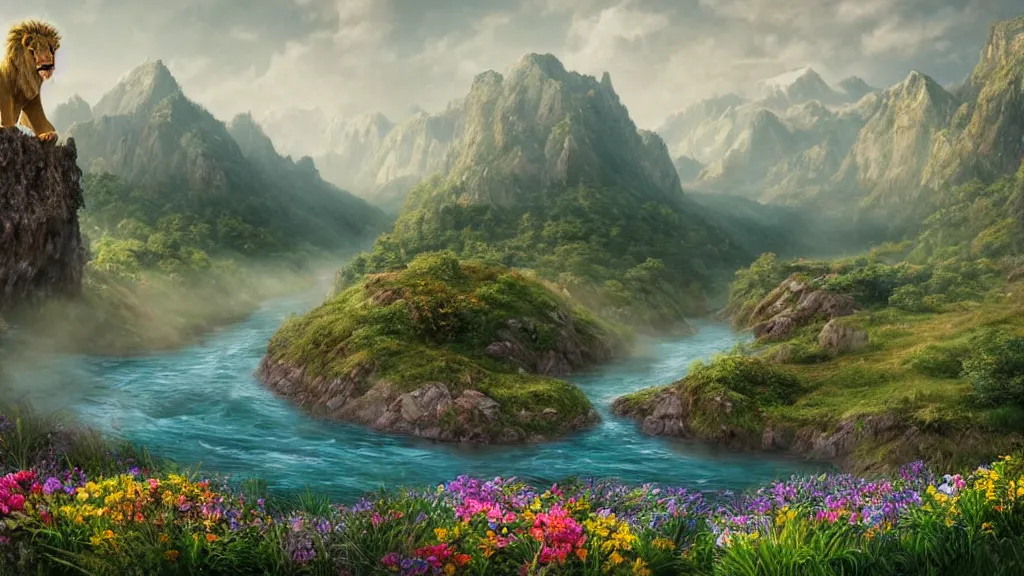 Image similar to Beautiful hyperrealistic detailed matte painting of a Landscape with a wide river in the middle of a meadow full of colorful flowers on the lost Vibes and mountains in the background, at the center there's a giant medieval fantasy portal gate with a rusty gold carved lion face at the center of it that takes you to another world, spring, delicate fog, sea breeze rises in the air, by andreas rocha and john howe, and Martin Johnson Heade, featured on artstation, featured on behance, golden ratio, ultrawide angle, f32, well composed