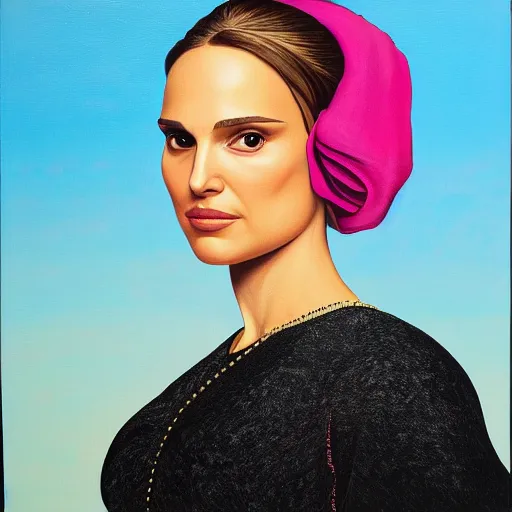 Image similar to Painting of Natalie Portman by Kehinde Wiley