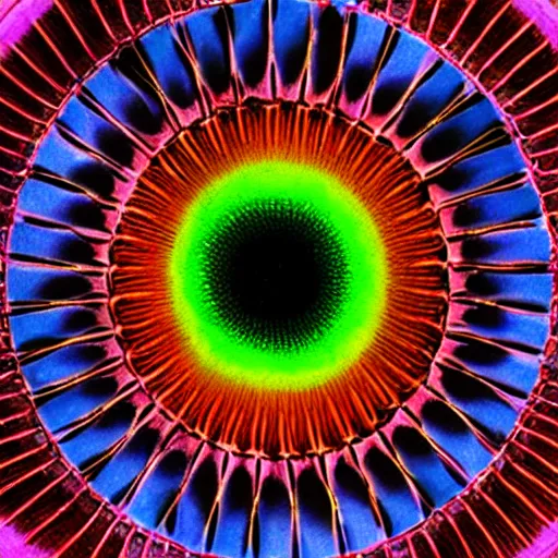 Image similar to dark field microscopy photograph of a diatom at 1 0 0 x symmetrical, beautiful colours