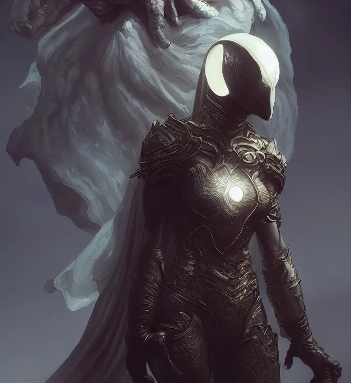 Image similar to female moon knight, hyper detailed, digital art, trending in artstation, cinematic lighting, studio quality, smooth render, unreal engine 5 rendered, octane rendered, art style by klimt and nixeu and ian sprigger and wlop and krenz cushart