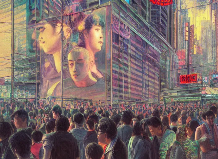 Image similar to crowd of people exterior office, portrait face, cyberpunk neon ads, in the style of jeremy enecio, intricate, miles johnston, monet, cynical realism, john william godward, painterly, yoshitaka amano, miles johnston, louise zhang, pekka halonen, finnish naturalism, realism