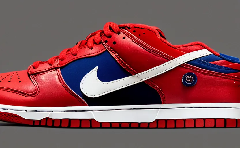 Image similar to a press photograph of nike dunk low red and white, size 1 0, white background