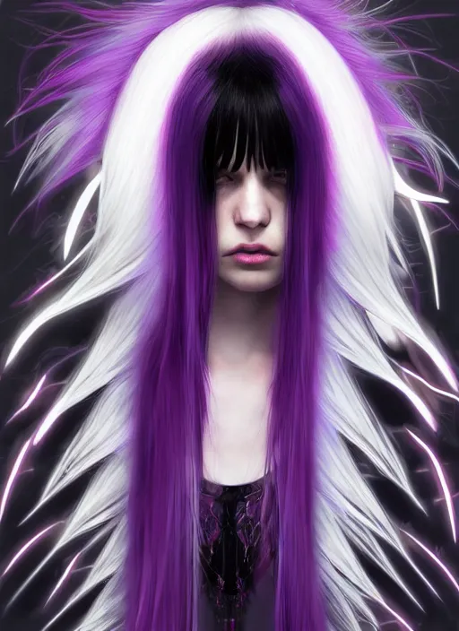 Image similar to hair whitebangs hair, black cyberlox, portrait of teenage girl with white bangs, whitebangsblackhair, messy bangs, cyberlox, whitebangs, red irises, purple clothes, intricate, elegant, glowing lights, highly detailed, digital painting, artstation, concept art, sharp focus, illustration, art by wlop, mars ravelo and greg rutkowski