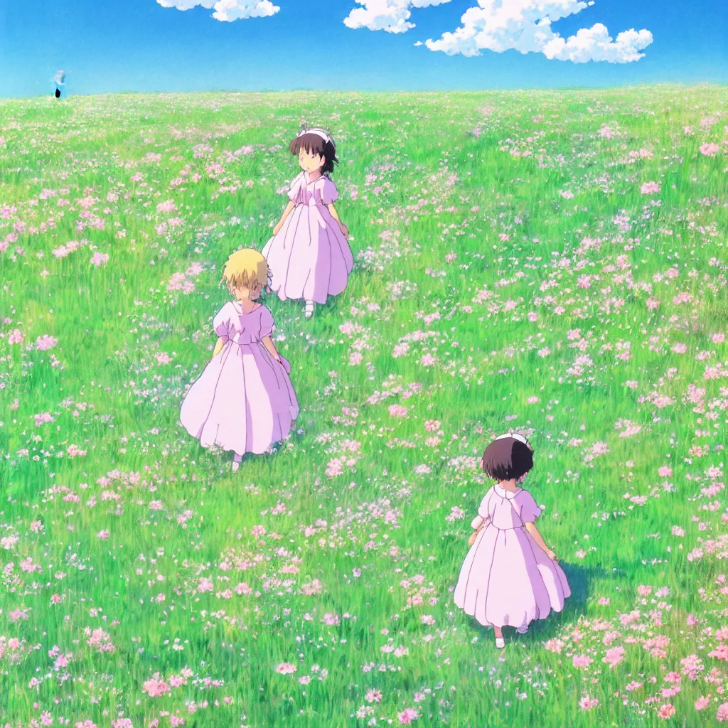 Prompt: little girl in princess dress, walking alone through a field of flowers, puffy clouds, beautiful, summer, calm, studio ghibli, art by hayao miyazaki, makoto shinkai