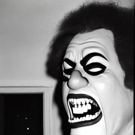 Image similar to creppy 2 0 0 1 photo of ronald mcdonald screaming in a dark room