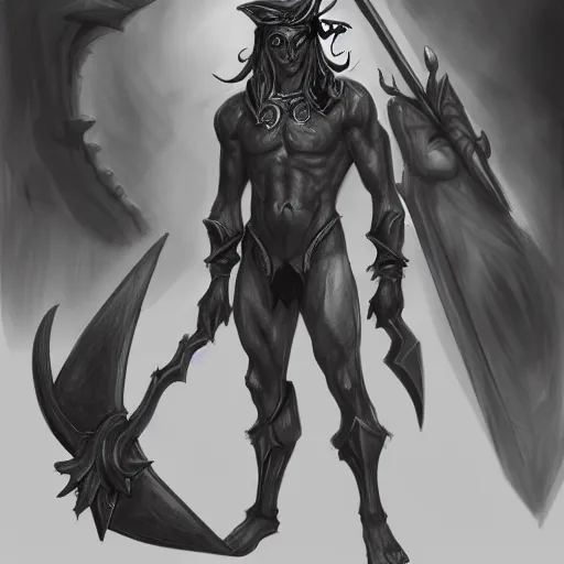 Prompt: concept art sketch, demonic muscular shirtless male night elf blindfolded with a black ponytail. in one hand he holds a flaming skull, in the other hand he holds an ornate enchanted scythe. trending on artstation, high quality concept art sketch