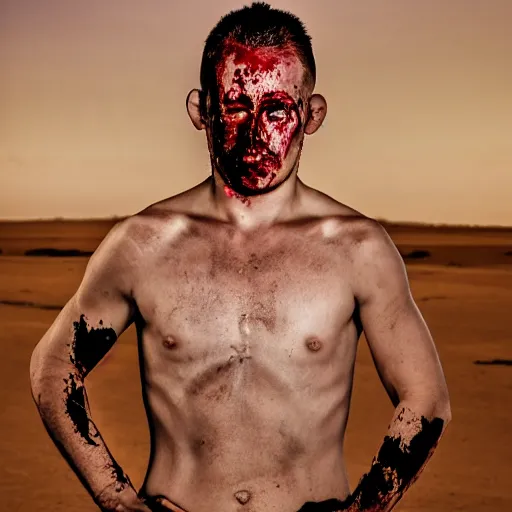 Image similar to portrait of snarling UFC fighters, bloodied and bruised, desert background,