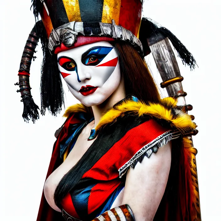Prompt: full body photo of a real - life very beautiful female harlequin warrior, 8 k, hdr, smooth, sharp focus, high resolution, award - winning photo