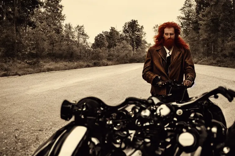 Image similar to portrait of redhead man on a motorcycle By Emmanuel Lubezki