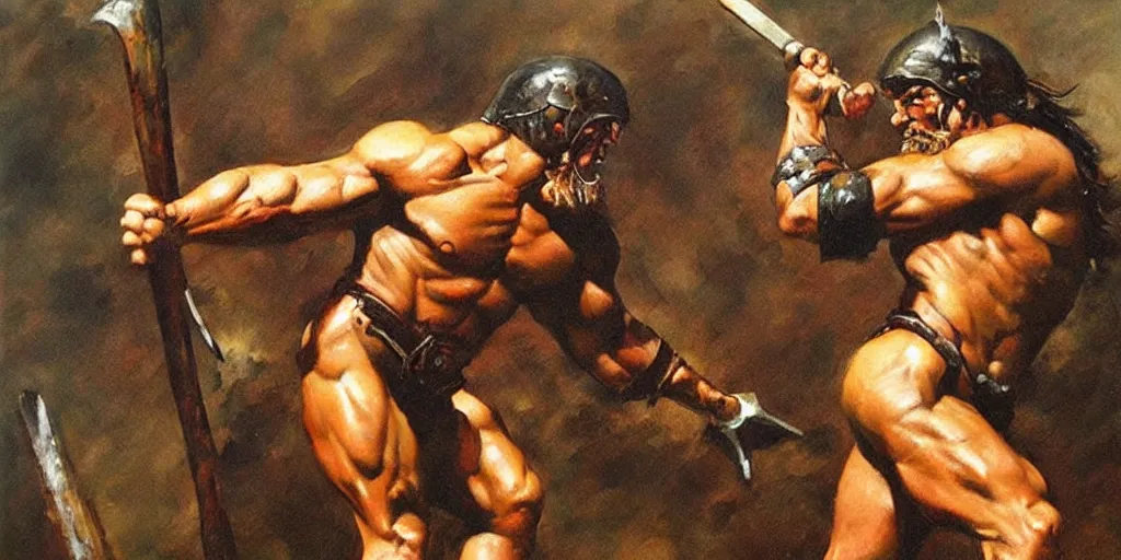 Image similar to an oil painting of a muscular barbarian warrior by frank frazetta