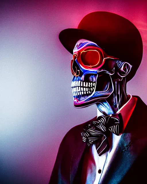 Prompt: dramatic cyberpunk portrait of a skeleton in a suit, colored skull, red green blue color glow, atmospheric haze, intense shading, optic ripple, backlit, bokeh, centered