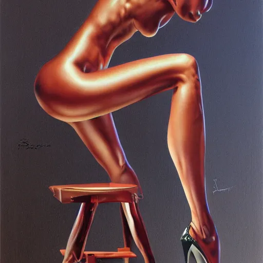 Prompt: artstation a woman posing on a stool, by Hajime Sorayama, very detailed, close up, sideways