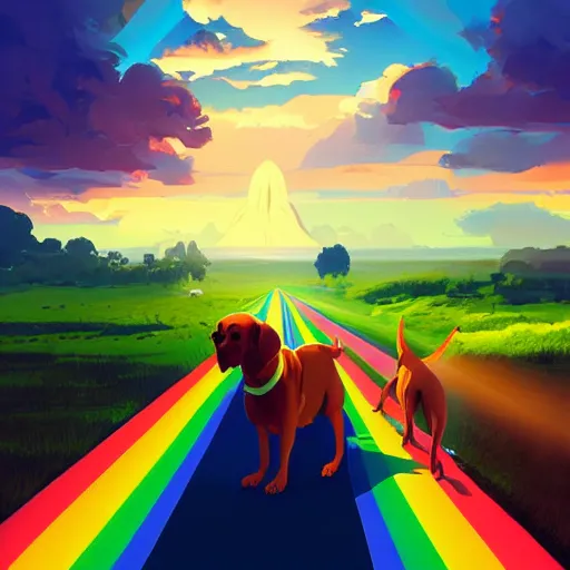 Prompt: painting dog's crossing rainbow bridge smooth median photoshop filter cutout vector, behance hd by jesper ejsing, by rhads, makoto shinkai and lois van baarle, ilya kuvshinov, rossdraws global illumination