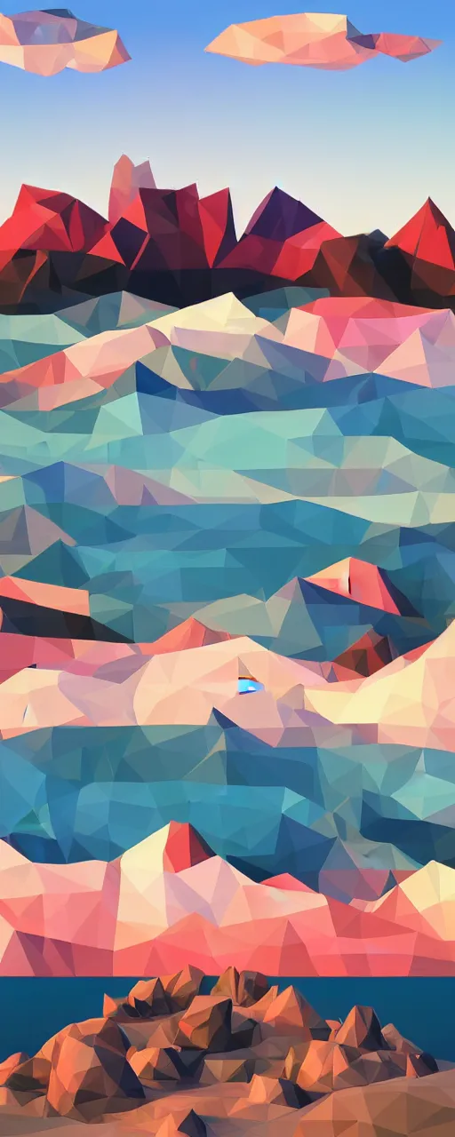 Image similar to super detailed color cutout lowpoly art, northern sunset with rocks on front, monochrome photorealistic bay in the middle of perspective and mountains at background, big graphic vessel in the middle of composition, unreal engine, high contrast color palette, 3 d render, lowpoly, colorful, digital art, perspective, full volume composition, robb cobb, robert mccall, syd mead