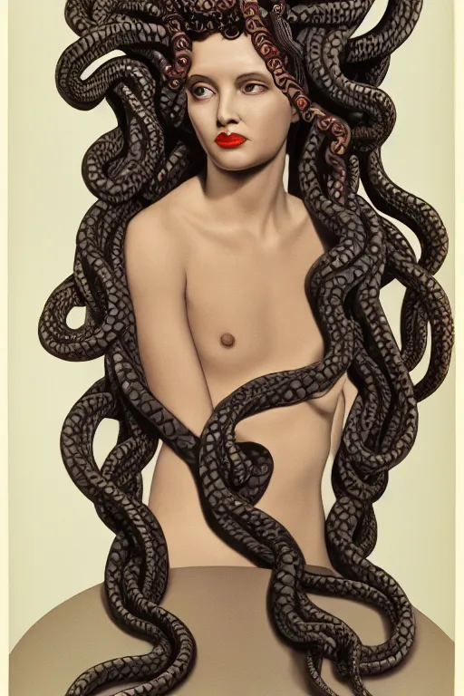 Image similar to full - length portrait of medusa gorgon, fashion color studio lighting, 3 5 mm, head to shoulders shot, close - up
