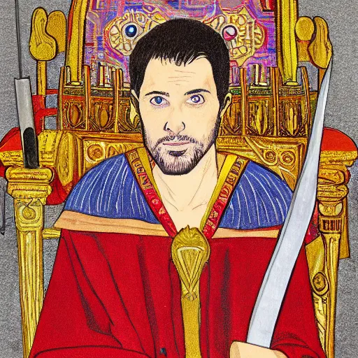 Prompt: modern self portrait of man sitting on throne, legs crossed, while holding a sword, white man, hispanic, brown hair, light skin, golden throne, red robes, 8 k, hi - rez, circles, lamented, clear, brown eyes, colored, sharp, pencil art, illustrated by lee friedlander