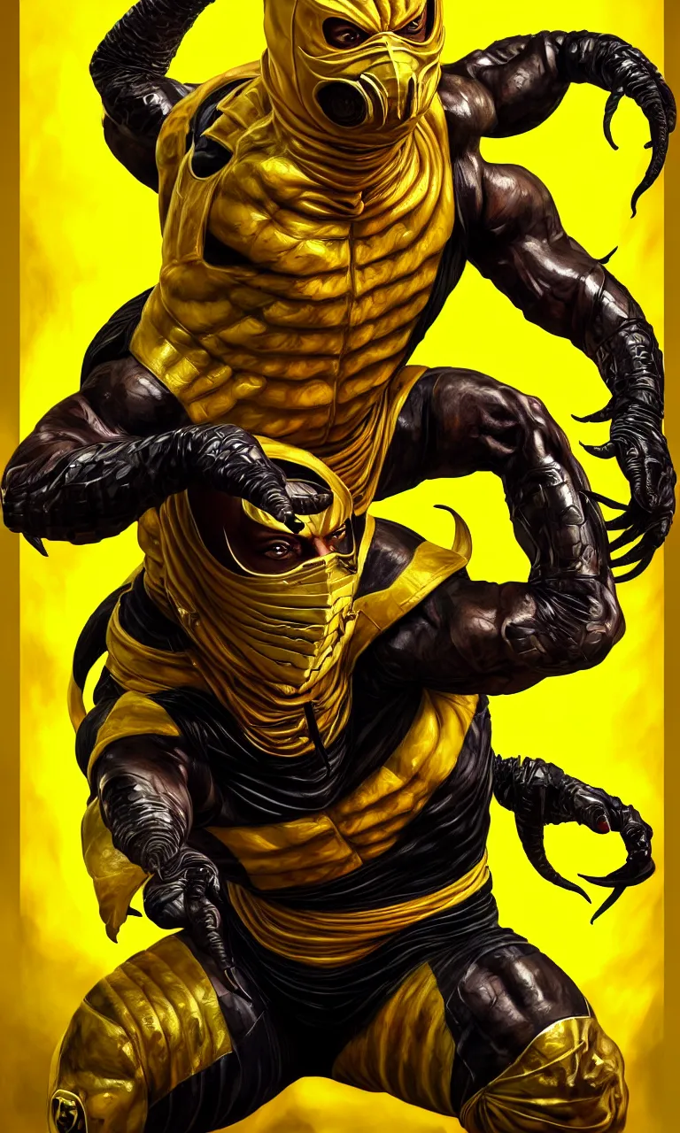 Prompt: hyper realistic full body portrait of scorpion from mortal kombat, mk ninja character, yellow ninja mask, tight yellow ninja suit, by lee bermejo, alphonse mucha and greg rutkowski