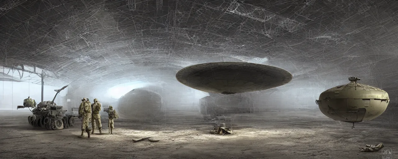Prompt: engineer repairs special flying saucer full of modern military equipment, in the hall of area 55, high detail, ground fog, wet reflective ground, saturated colors, by Darek Zabrocki, render Unreal Engine-H 680