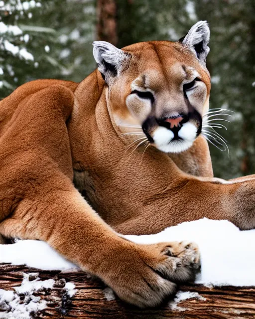 Image similar to magazine article showing 'a cougar sleeping in the middle of snowy pine tree' laying on coffee table, zoomed out shot, HD, iphone screenshot