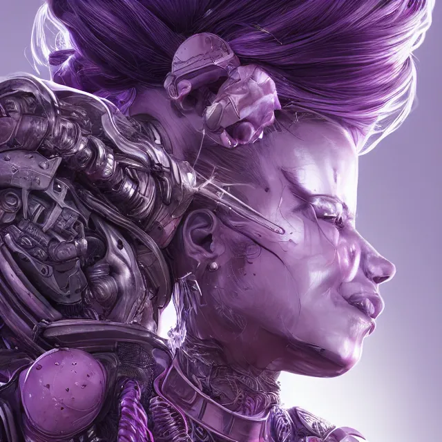 Image similar to close up portrait of a woman in powerful purple sci - fi armor with a black ponytail, elegant, stoic, intense, ultrafine hyperdetailed illustration by kim jung gi, irakli nadar, intricate linework, sharp focus, bright colors, octopath traveler, final fantasy, unreal engine 5 highly rendered, global illumination, radiant light, detailed, intricate environment