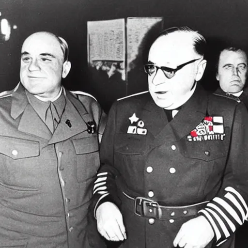 Image similar to 1942 photograph of Danny DeVito in a Nazi officer's uniform standing next to Adolf Hitler