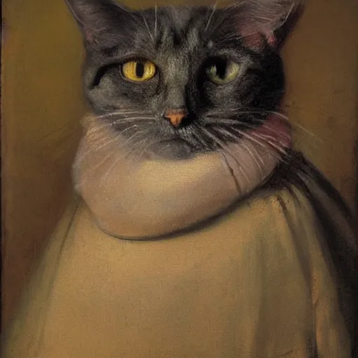 Prompt: rembrandt painting of babushka cat, portrait
