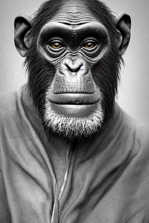 Image similar to portrait of an old chimpanzee dressed as a homeless and seated in the barber shop chair, intricate wrinkles, dystopian sci-fi, evening light, extremely detailed, hands, digital painting, sculpted in zbrush, artstation, concept art, smooth, sharp focus, illustration, chiaroscuro lighting, golden ratio, incredible art by Stanley Artgerm Lau and Greg Rutkowski, composition by Alphonse Mucha and Simon Stalenhag