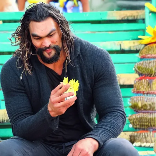 Prompt: Jason Momoa eating sunflower seeds in Candelaria in Tenerife